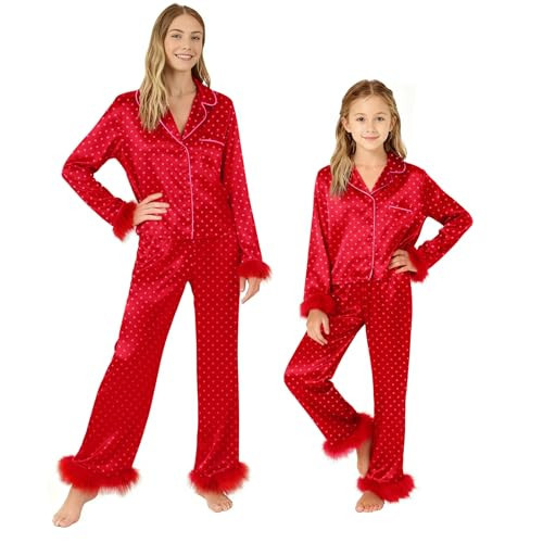 Seyurigaoka Mommy and Me Valentines Pajamas Set 2 Piece Satin Silk Feather Trim Heart Pjs for Mom Daughter Women Girl (Girls, 11-12 Years, Red Polka Dots) | Amazon (US)