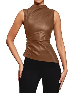 BAIMORE Women's Street Solid Mock Neck Sleeveless PU Leather Pleated Slim Fit Tank Top | Amazon (US)