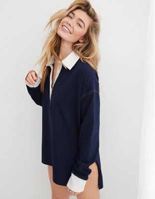 Aerie Long Sleeve Oversized Polo | American Eagle Outfitters (US & CA)