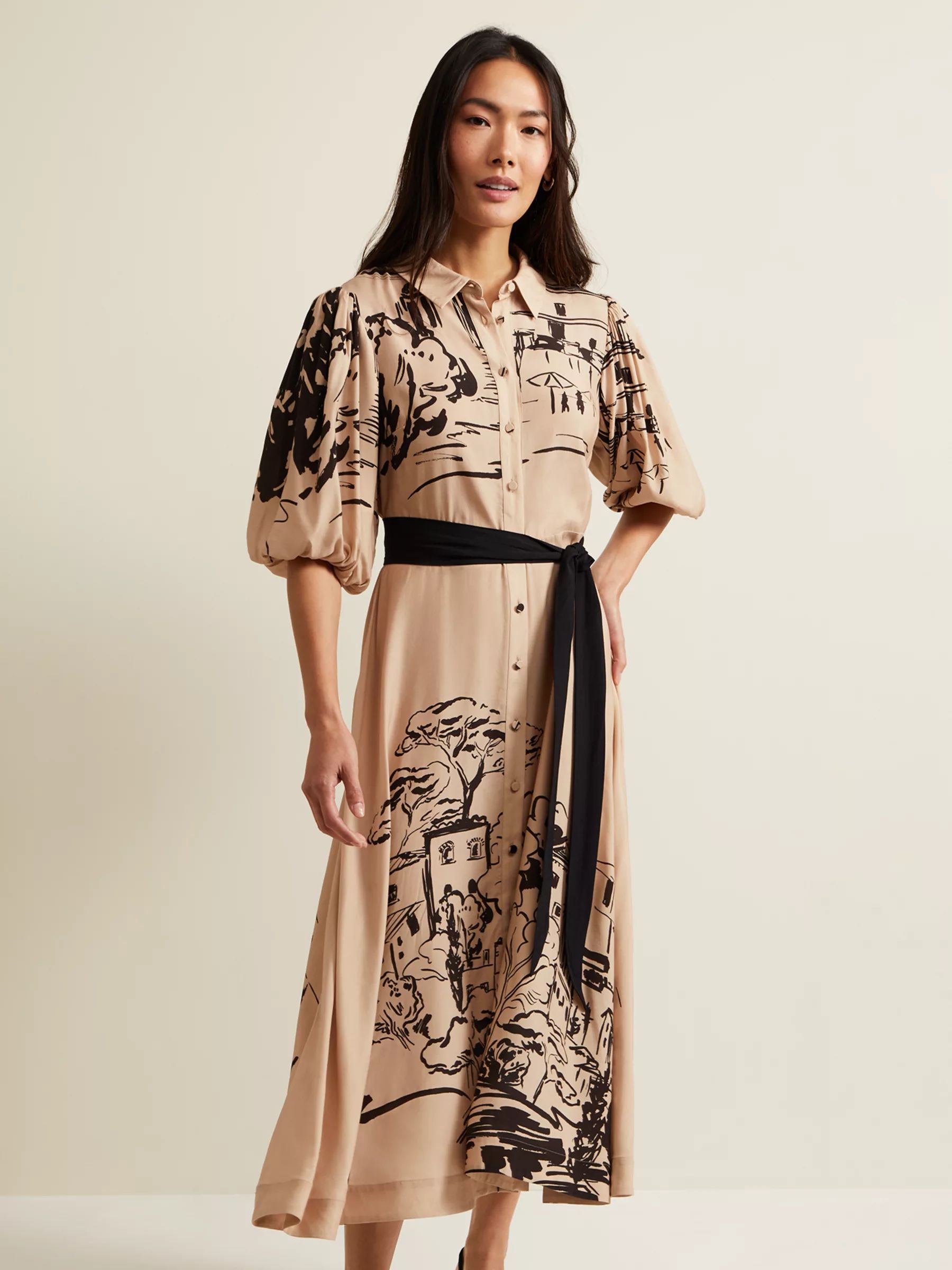 Phase Eight Tammy Puff Sleeve Midi Shirt Dress, Cream/Black | John Lewis (UK)