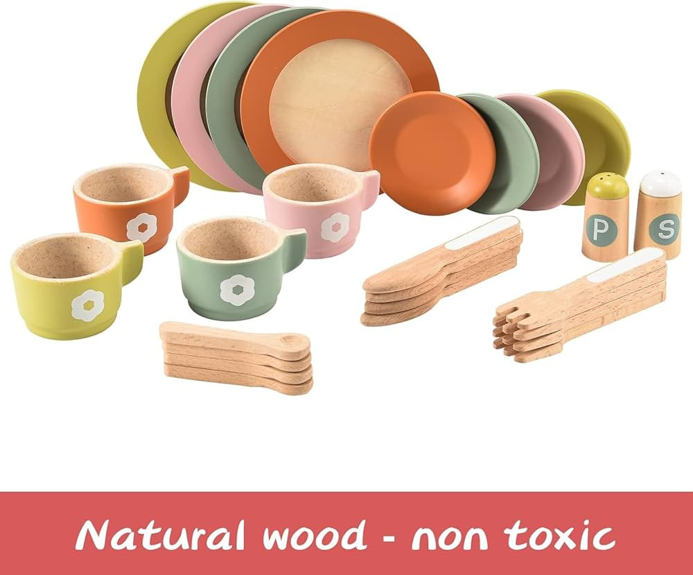 Giant bean 27PCS Wooden Toy Plates and Dishes for Kitchen Set,Montessori Kitchen Toys for Girls a... | Amazon (US)