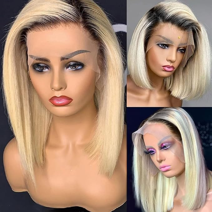 Ombre Blonde Human Hair Bob Lace Front Wigs Brazilian Glueless Lace Frontal Wig 2 Tone 1B/613 Str... | Amazon (US)
