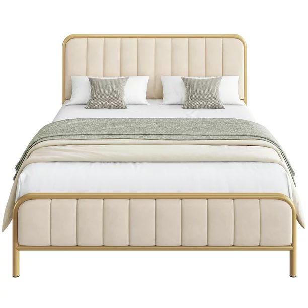 Homfa Full Size Bed, Metal Tubular Platform Bed Frame with Upholstered Headboard, Beige Finish | Walmart (US)