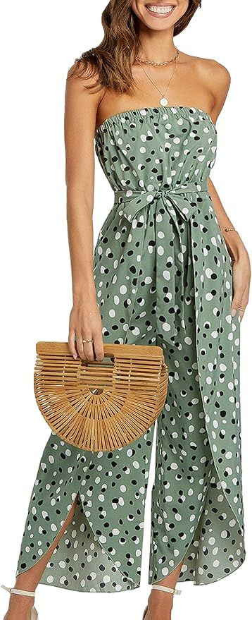Angashion Women's Jumpsuits Summer Casual Off Shoulder Strapless Floral Print Belted Slit Wide Le... | Amazon (US)