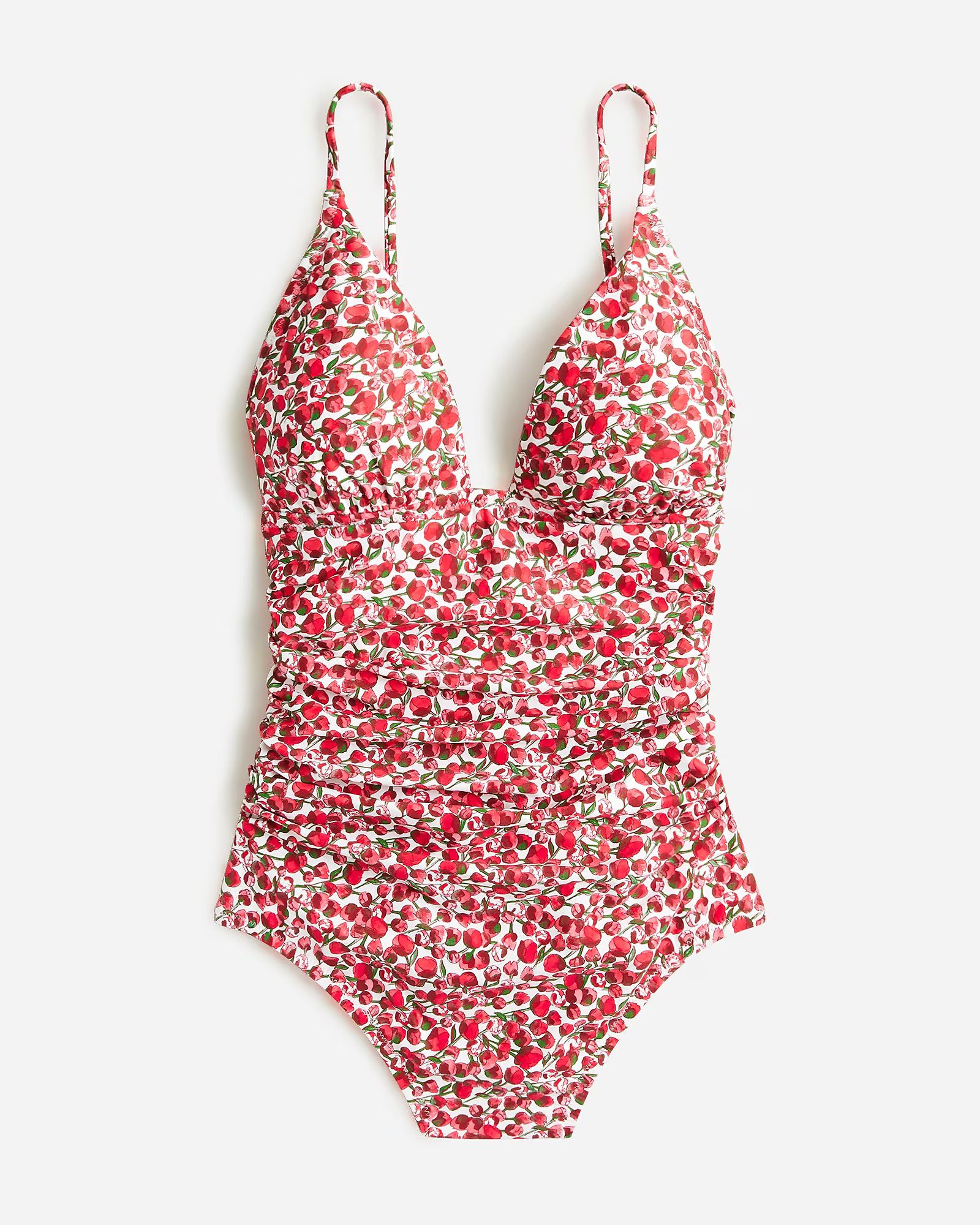 Ruched plunge one-piece swimsuit in Liberty® Eliza's Red fabric | J.Crew US