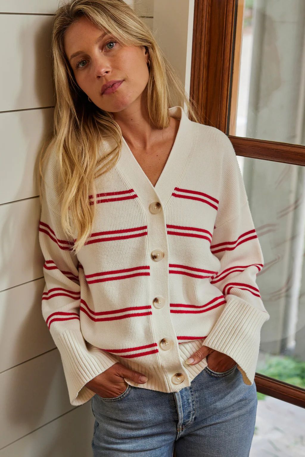 Nora Cardigan in Ivory Red Stripe | Lake Pajamas