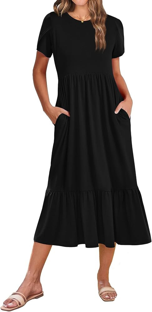 Zeagoo Women Summer Midi A Line Dress Short Sleeve Casual Flowy Tiered Beach Long Sundress with P... | Amazon (US)
