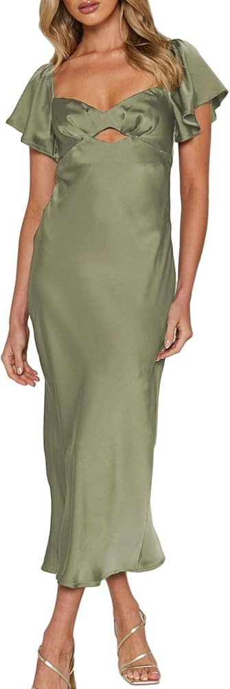 Summer Satin Flutter Sleeve Wedding Guest Dresses for Women Sweetheart Neckline Cutout Tie Back M... | Amazon (US)