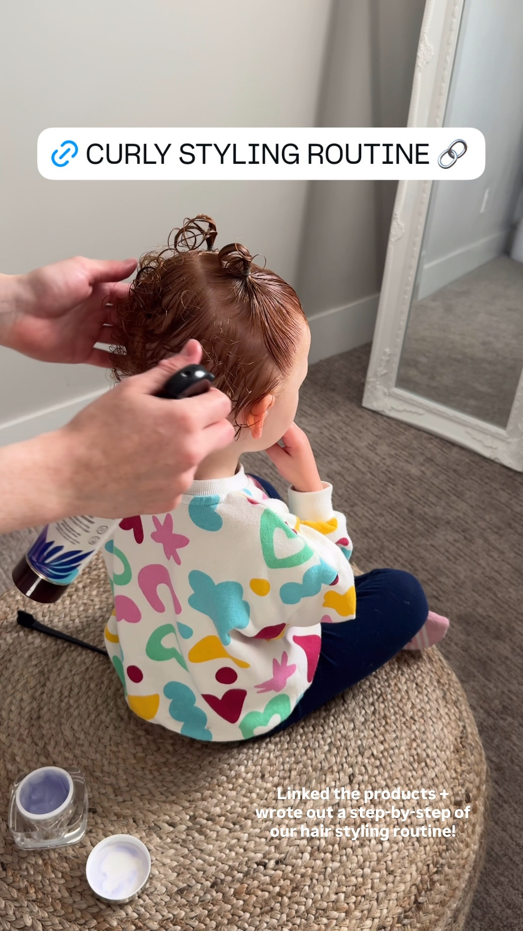 Our go-to hairstyle right now! Writing out the steps here:
1️⃣ mist hair with water
2️⃣ brush out any tangles with the wider toothed / bigger comb
3️⃣ center part, then section the back and side to where her hair is longest (so we can pull it up)
4️⃣ use the smaller comb to brush a fingertips amount of texturizing taffy through the sectioned hair, then dab a little extra on each part to help keep baby hairs in place
5️⃣ use the little comb to remove any bumps and lift the hair up into a pigtail
6️⃣ secure with an elastic then add clips to cover any bumps at the top + provide extra hold
7️⃣ repeat on the other side
8️⃣ lightly mist the back of the head with leave-in conditioner and twirl the curls with either your fingers or a brush end to help add volume & shape

Then you’re done! Linked almost everything exactly except for the bee clips. We got ours at Joe Fresh in Canada but idk if they’re still in store  

#LTKKids #LTKBaby #LTKBeauty