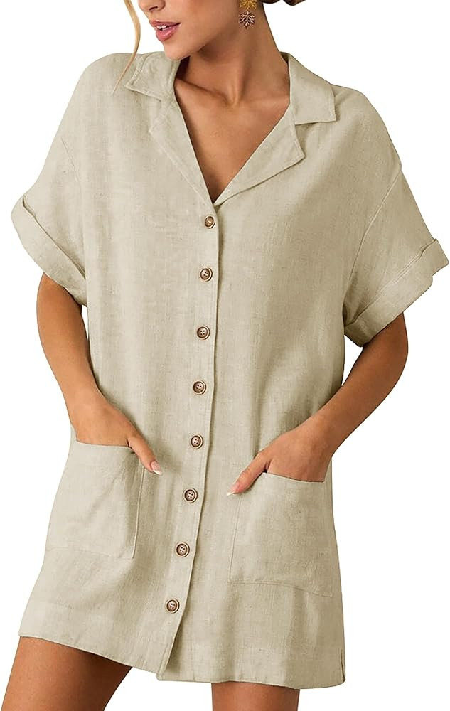ZAFUL Women's 2025 Summer Button Down Dress Pockets Short Sleeves V-Neck Collar Vacation Beach Co... | Amazon (US)