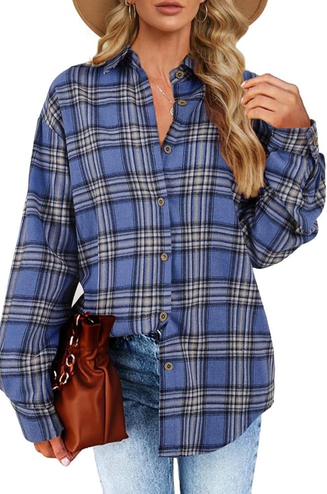 Women's Long Sleeve Plaid Shirts Flannel Collared Button Down Shacket Casual Rolled Up Boyfriend Blo | Amazon (US)