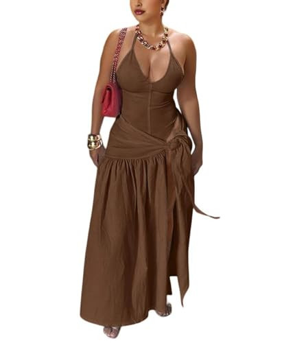 Long Skirt Sets Women 2 Piece Outfits Sexy Halter Backless Bodysuit and High Split Beach Wrap Skirt Summer Two Piece Brown | Amazon (US)