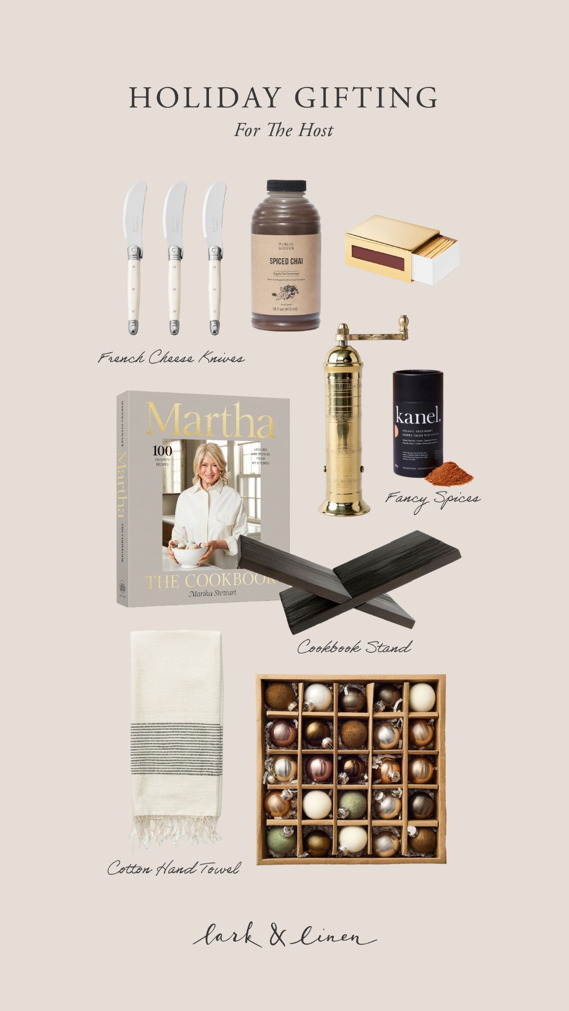 French cheese knives, spiced chai concentrate, gold match sleeve, Martha: The Cookbook, brass salt mill, fancy taco spice, book stand, cotton hand towel, small glass ornaments - thoughtful, meaningful hostess gifts perfect for the holidays.

#LTKHoliday #LTKHome #LTKGiftGuide