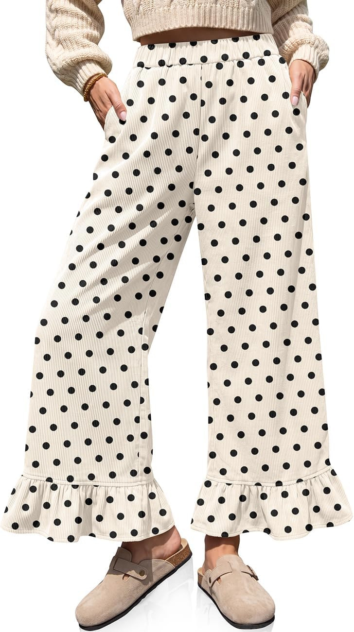 TARSE Women's Corduroy Pants Polka Dots Ruffle Hem Wide Leg Flared Pants | Amazon (US)