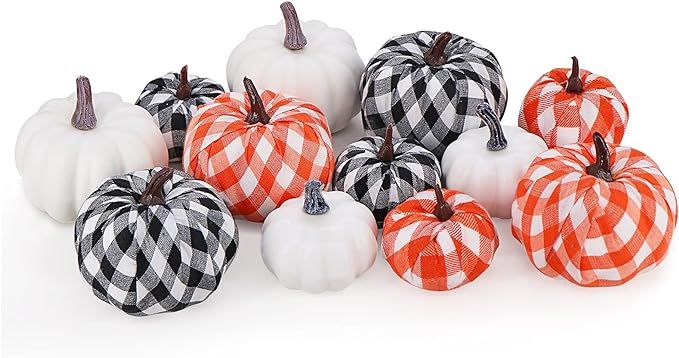 Bunny Chorus Artificial White Pumpkins and Buffalo Plaid Pumpkins 12 Pcs in Different Sizes, for ... | Amazon (US)