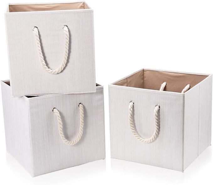 Robuy Set of 3 Beige Bamboo Fabric Cube Storage Bins with Cotton Rope Handle, Collapsible Resista... | Amazon (US)