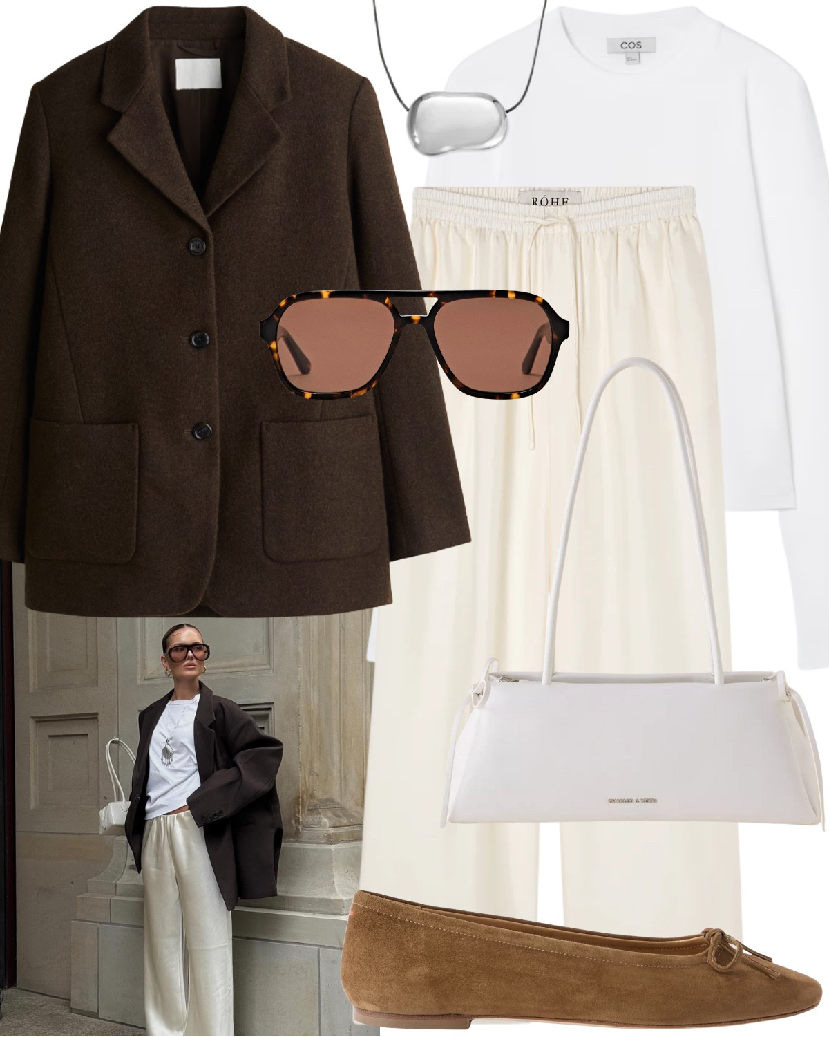An outfit for Thursdays in the office or Saturday with the girls. 

Including oversized brown blazer, white long sleeve top, white silk trousers, white small handbag, brown sunglasses, silver necklace, suede ballet flats  

#LTKuk #LTKautumn #LTKstyletip