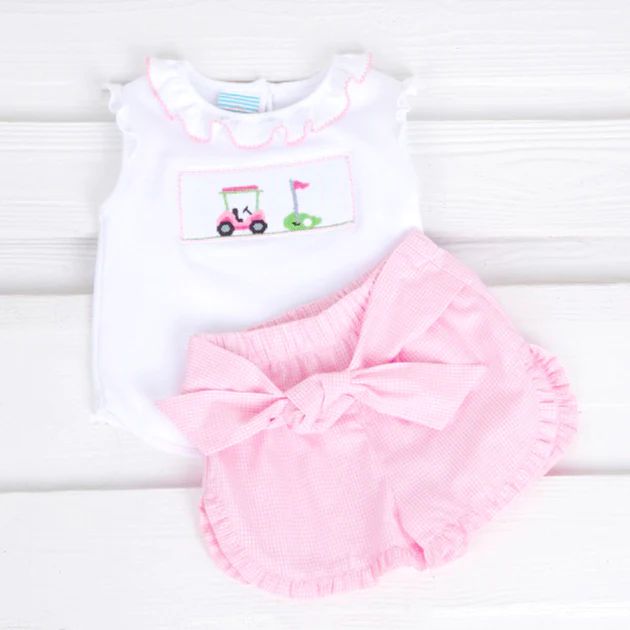 Golf Day Smocked Ruffle Collared Short Set Pink Gingham | Classic Whimsy