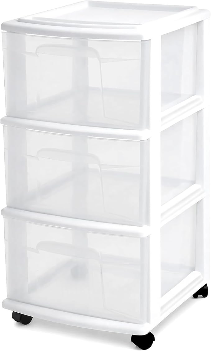 HOMZ Drawer Tower, 3-Tier Rolling Storage Cart with Removable Wheels, White Frame – Plastic Org... | Amazon (US)