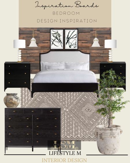 Stunning bed room looks for transitional and modern farmhouse style homes. Black frame bed, black dressers, black night stands, bed room rugs, table vase, black modern wall art, table lamps, wall sconce lights, wood wall accent, stone planters, faux tree.  

#LTKhome #LTKstyletip #LTKSeasonal