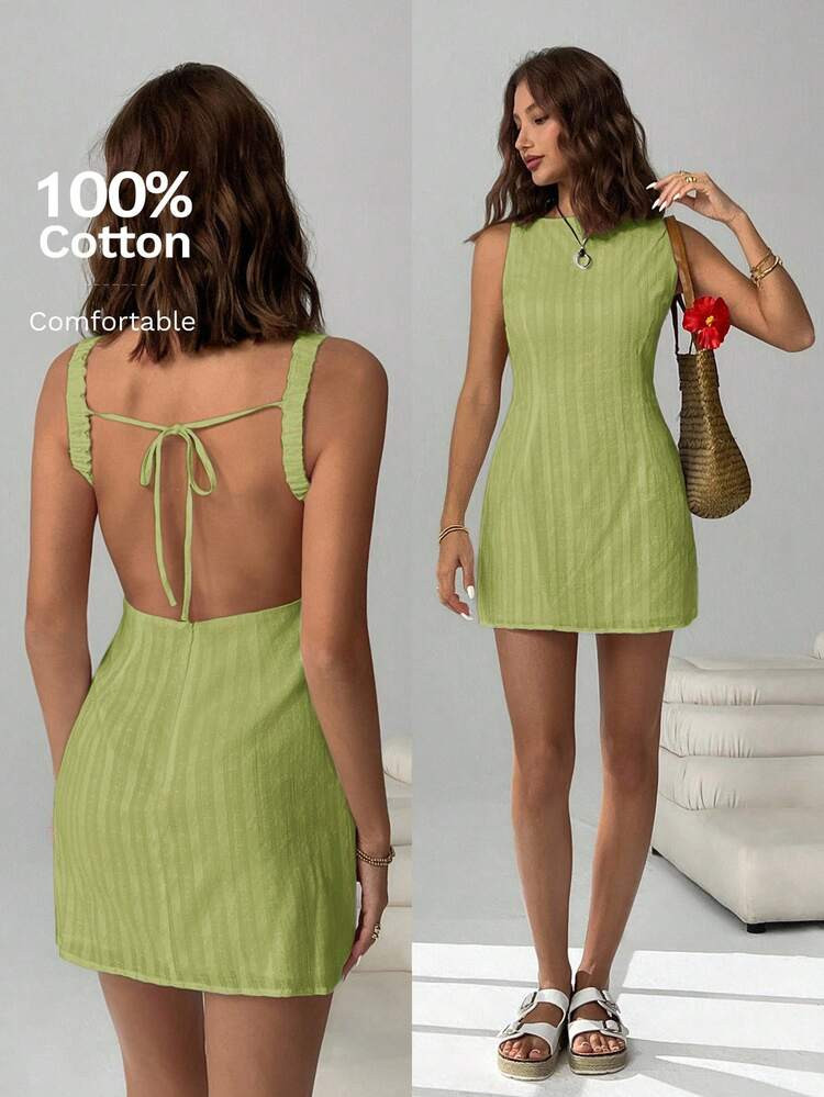 SHEIN EZwear Stylish Olive Green Mini Tank Dress With Ribbed Texture And Open Back Tie Design Gre... | SHEIN