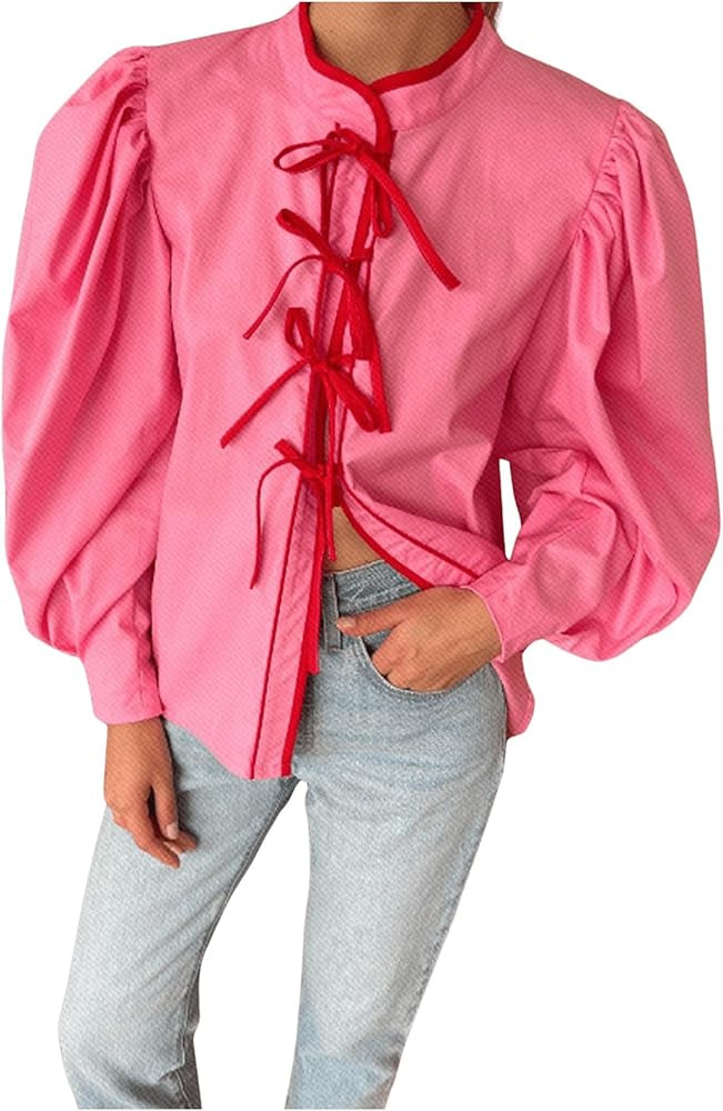 MakeMeChic Women's Mock Neck Lantern Sleeve Tie Front Blouses Contrast Binding Loose Blouse Shirt | Amazon (US)