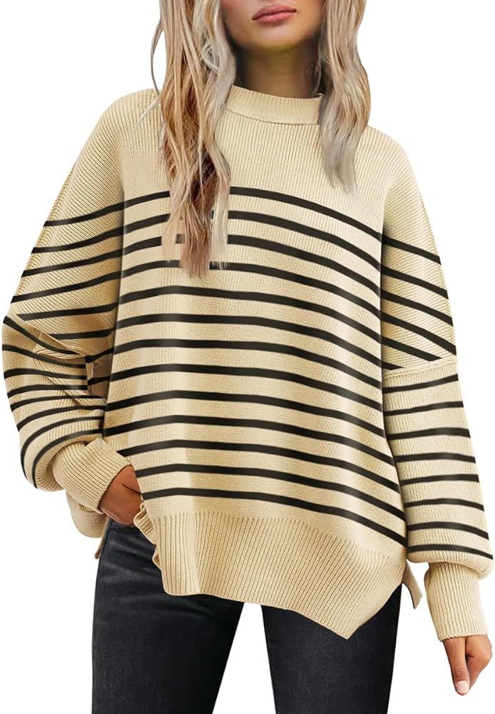 Women's Crewneck Batwing Long Sleeve Sweater 2023 Fall Oversized Ribbed Knit Side Slit Pullover Top | Amazon (US)