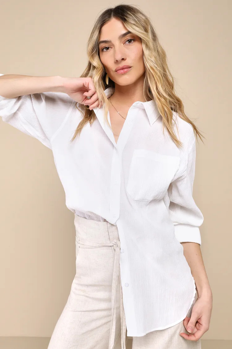 Feeling Elevated White Textured Long Sleeve Button-Up Top | Lulus