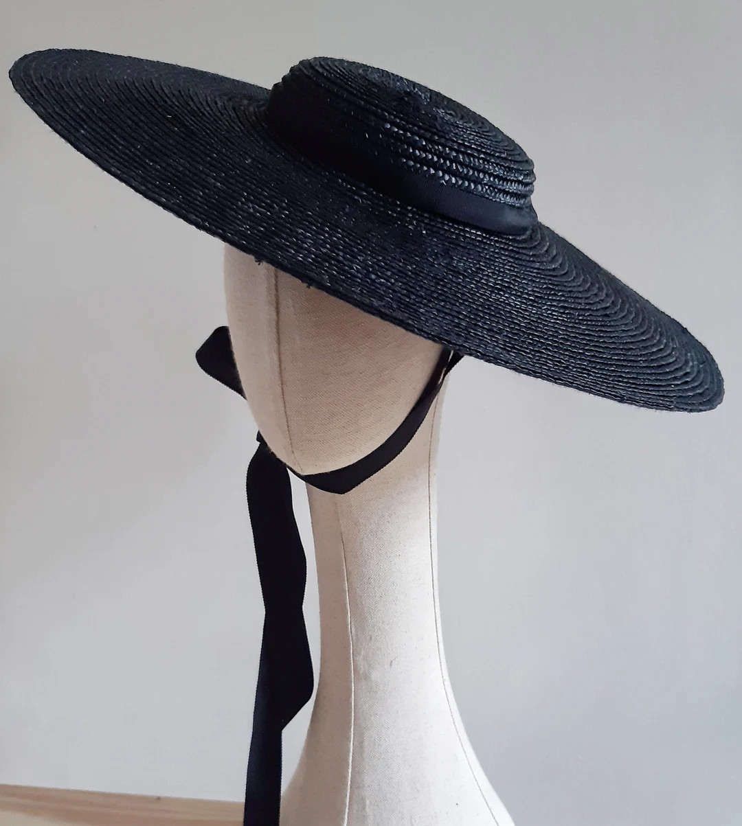 Wide Brimmed Black Straw Boater Hat - Etsy UK | Etsy (UK)