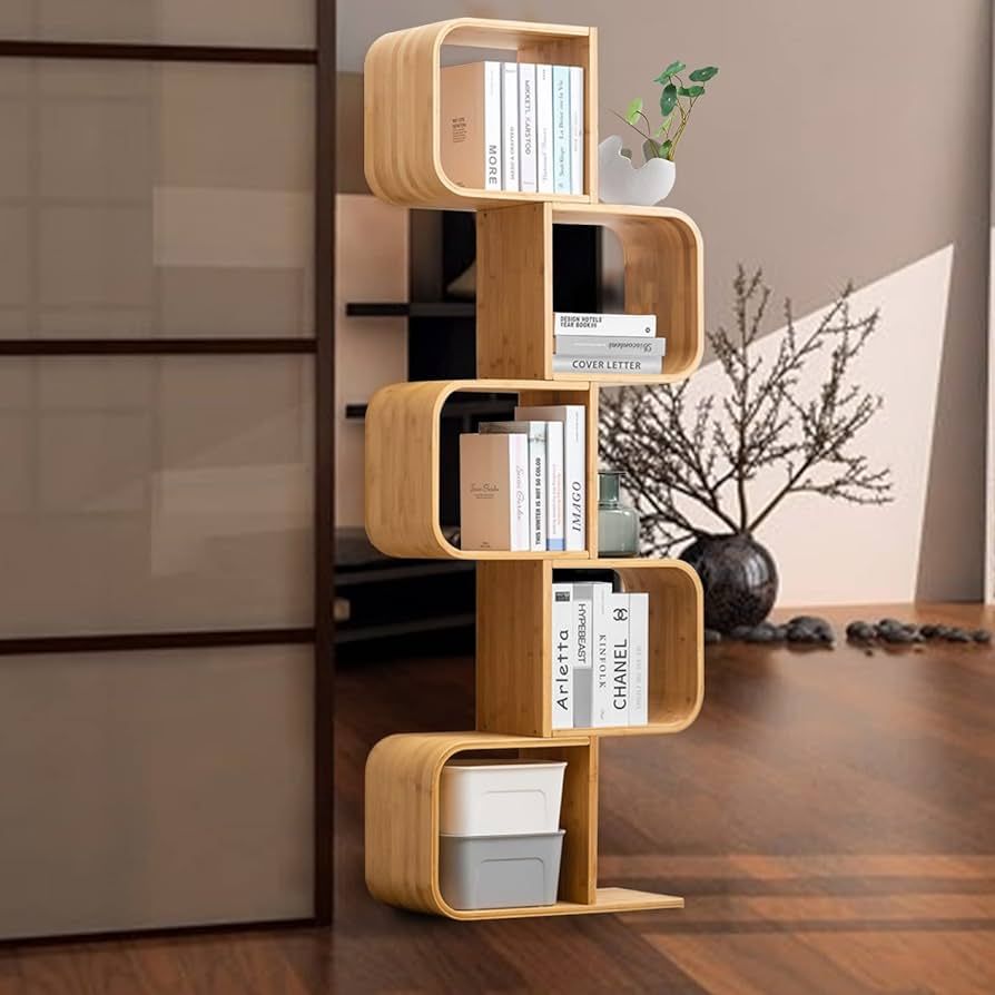 5-Tier S-Shaped Geometric Modern Bamboo Bookshelf, Large Capacity Creative Display Curved Rack Fr... | Amazon (US)