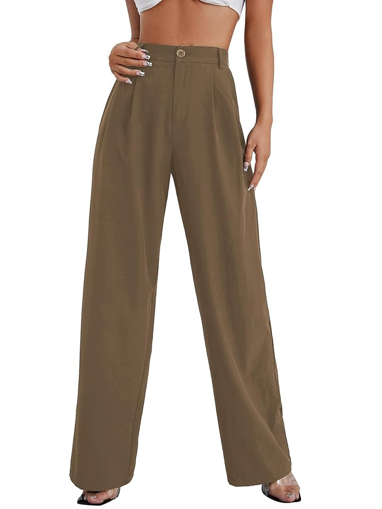 SweatyRocks Women's Casual Wide Leg High Waisted Button Down Straight Long Trousers Pants | Amazon (US)