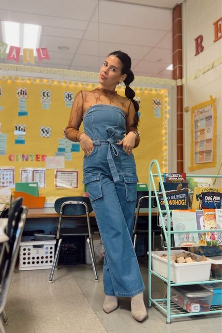 Mesh long sleeve shirt under a denim cargo jumpsuit! 

#LTKworkwear #LTKfindsunder100 #LTKstyletip