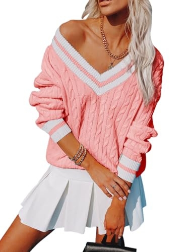 Aoudery Womens V Neck Oversized Sweaters Long Sleeve Cable Knit Pullover Striped Chunky Sweater C... | Amazon (US)