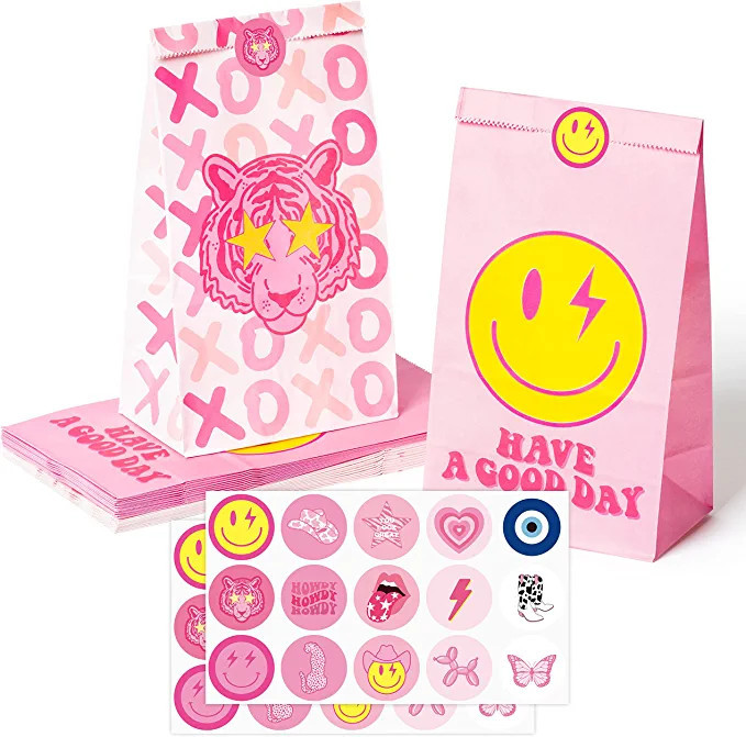 AellasNervalt 26Pcs Preppy Party Favor Bag with Stickers Y2k Hot Pink Smile Face Tiger Goodie Bag... | Amazon (US)