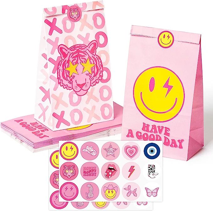 AellasNervalt 26Pcs Preppy Party Favor Bag with Stickers Y2k Hot Pink Smile Face Tiger Goodie Bag... | Amazon (US)