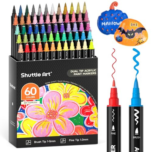 Shuttle Art Dual Tip Acrylic Paint Pens, 60 Colours Fine & Brush Paint Marker Pens, Paint Pens for Rock Painting, Ceramic, Wood, Fabric, Glass, Art Marker Pen Set for Kids Adults on Christmas Easter | Amazon (UK)