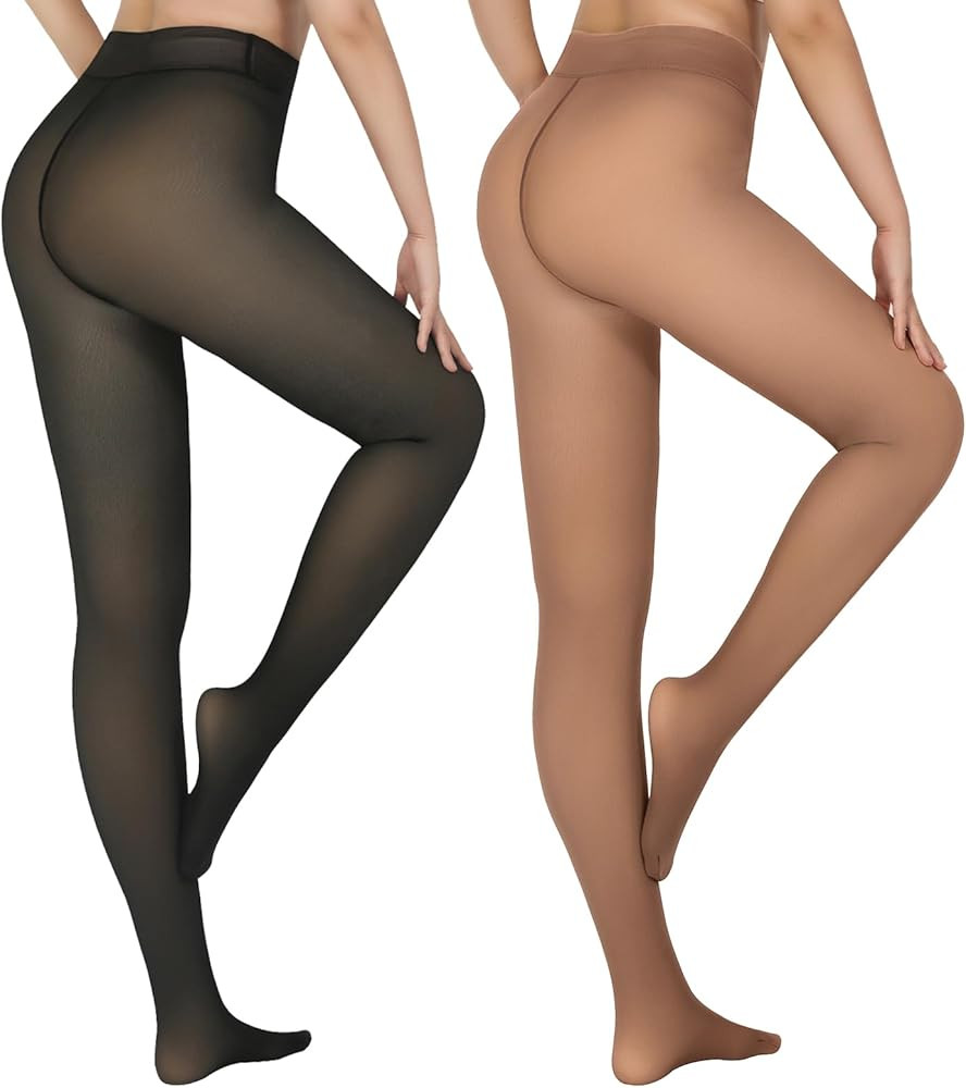2 Pairs Fleece Lined Tights Women-Thermal Pantyhose leggings Women,Fake Translucent Skin Colored ... | Amazon (US)
