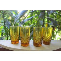Vintage Amber Glass 4 Beverages Glasses, 8 Oz Water, Juice, Drinking Glasses, Cut Cristal/ 5.5"" T/  | Etsy (US)
