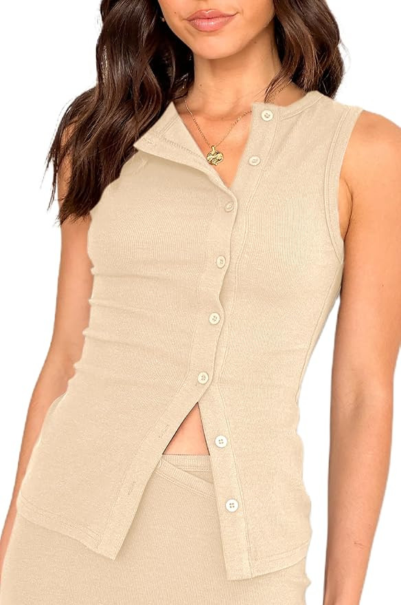 KMBANGI Women Button Down Vest Ribbed Summer Tank Tops Button Up Open Front Rib Shirt Sleeveless ... | Amazon (US)