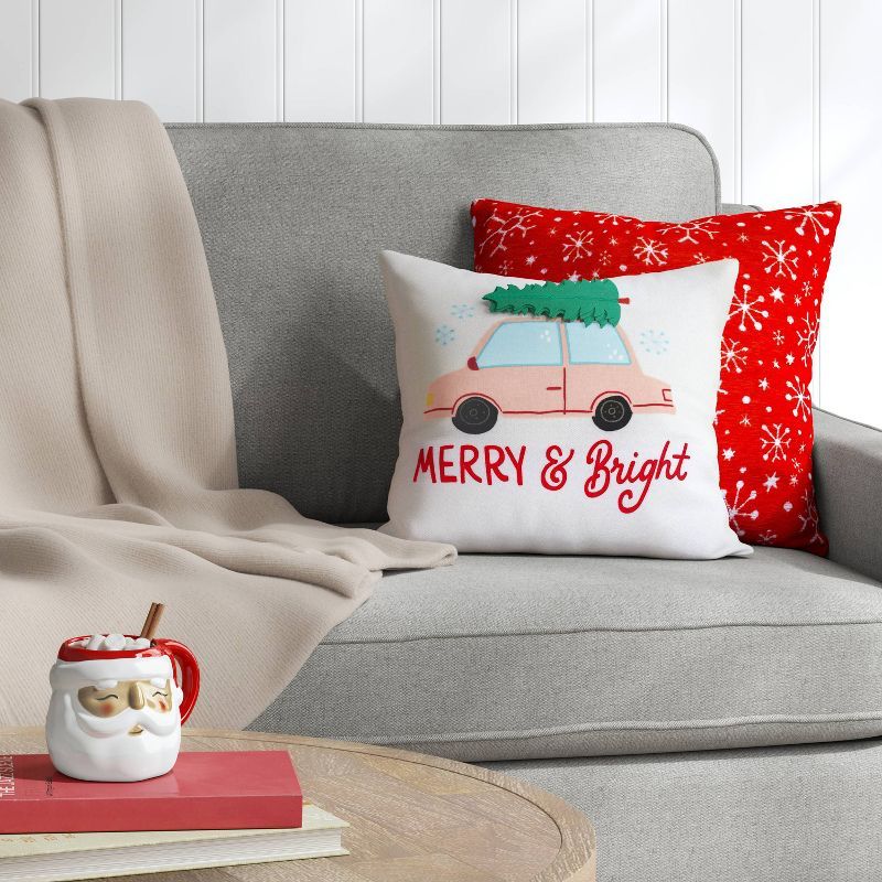Merry and Bright Car Embroidered Christmas Square Throw Pillow White - Wondershop™ | Target