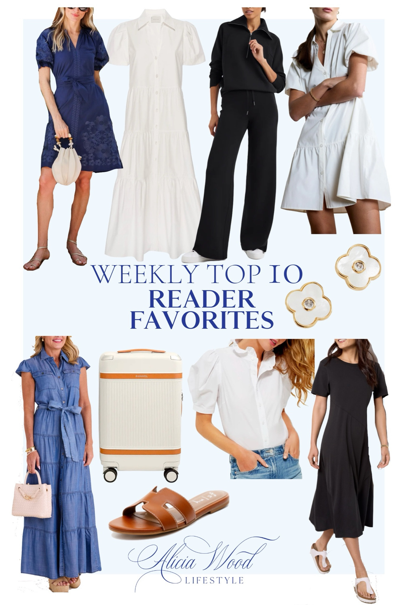Weekly Top 10 Best Sellers 

Brochu Walker Havana midi dress 
Embroidered navy dress
Paravel Carry On suitcase
Spanx Sir Essentials travel pants and sweatshirt 
White Havana midi dress 
Denim like material tiered maxi dress
Floral stud earrings white mother of pearl trimmed in gold 
White ruffle blouse short sleeved 
Tshirt dress 
Tan sandals slide 


#LTKSeasonal #LTKStyleTip #LTKOver40
