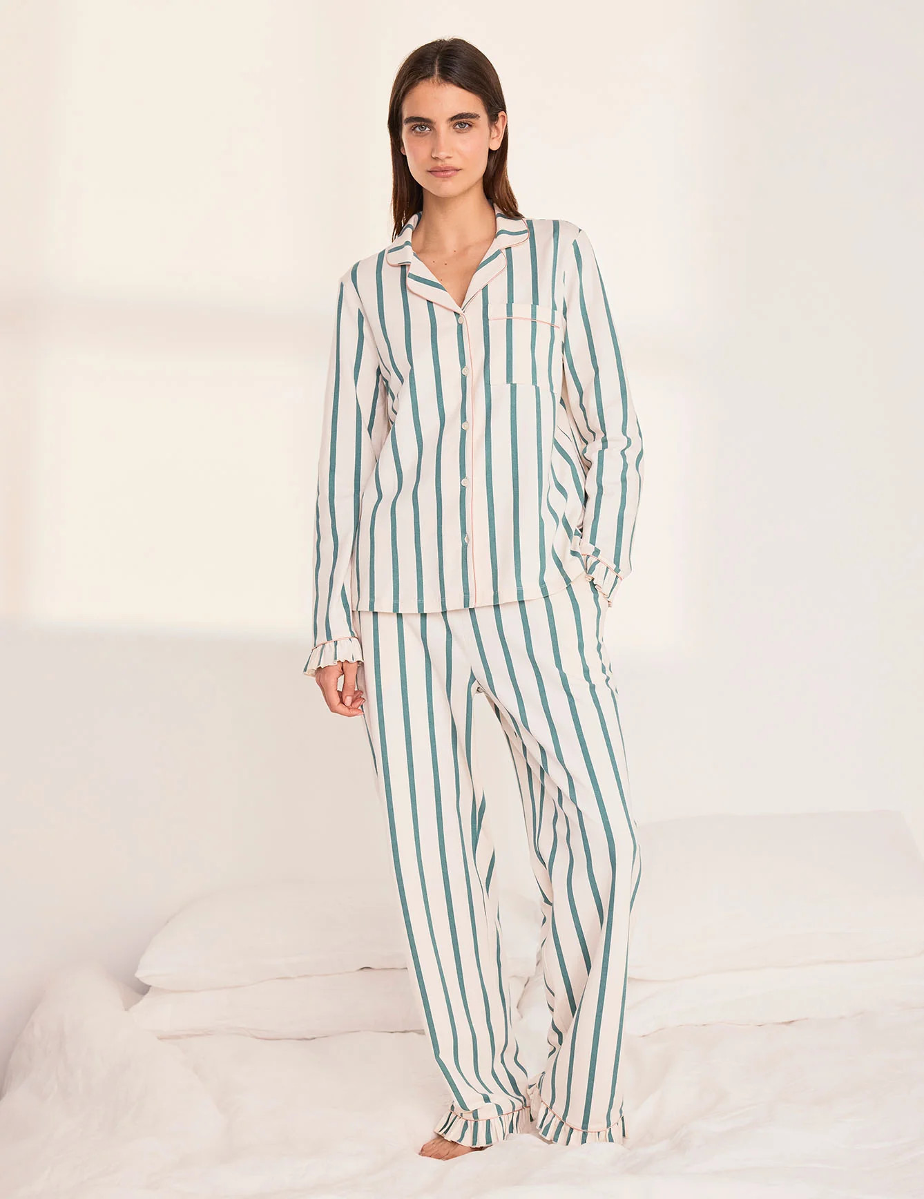 Organic Cotton Stripe Frill Long Pyjama Set - Green | Chelsea Peers NYC