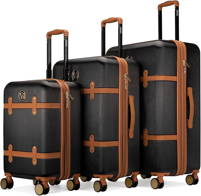 Badgley Mischka Grace 3 Piece Polycarbonate-ABS Expandable Retro Luggage Set (Black) | Amazon (US)