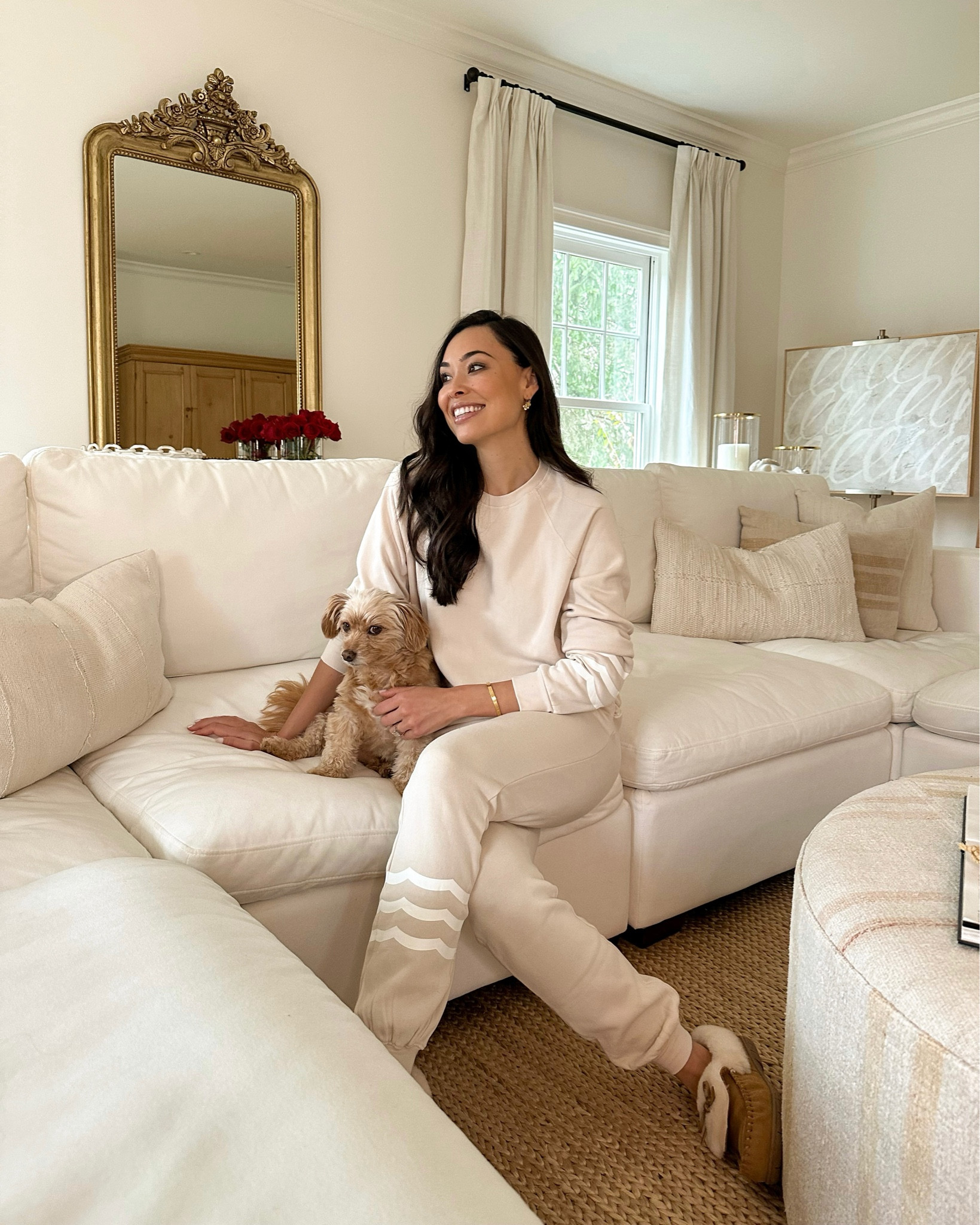 Cozy Sol jogger set. Use code KAT15 for 15% off at sol-angeles.com. Athleisure, sweatpants, sweatshirt, slippers, casual style, couch, living room, decor. 

Couch is Costco but they no longer make it so an almost identical one linked below! Coffee table is from Pure Salt Interiors. Mirror and curtains are Restoration Hardware. Art is Josh Young and pillows are Pillowpia and Amber Interiors. 

#LTKSeasonal #LTKhome #LTKshoecrush