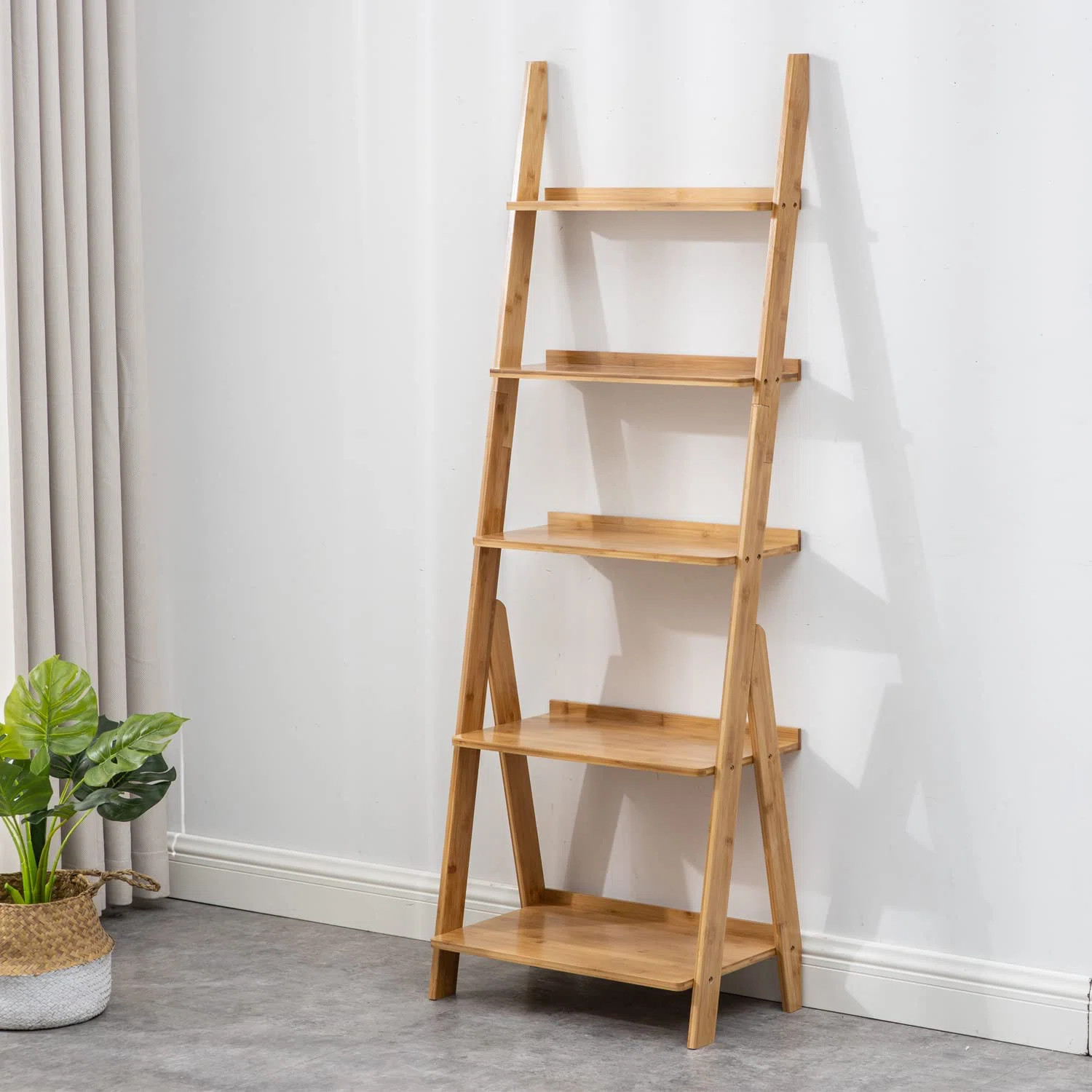 DOUSY Bamboo Ladder Shelf Ladder Bookshelf Plant & Flower Stand Bookcase, Freestanding Storage Ra... | Wayfair North America