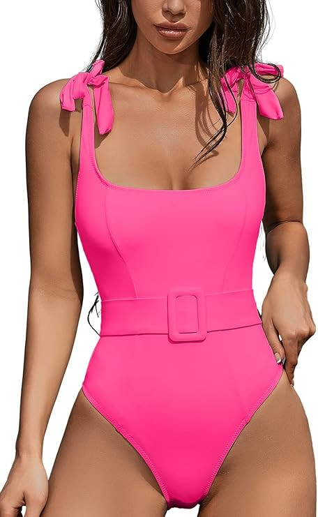 QINSEN Women's One Piece Swimsuit with Adjustable Tie Straps Elastic Belt Moderate Coverage Bathi... | Amazon (US)
