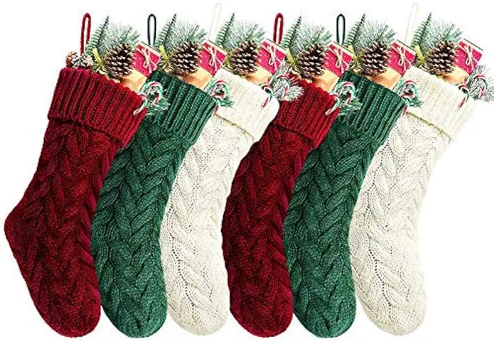 Kunyida 18 Inches Burgundy, Ivory, Green Knitted Christmas Stockings,6 Pack | Amazon (US)