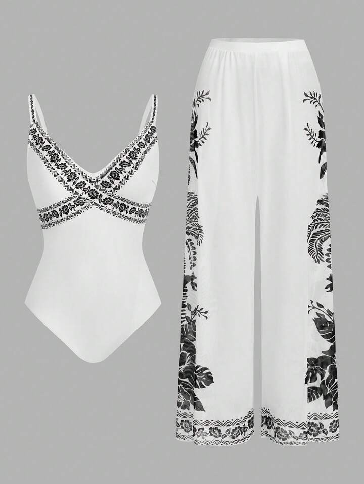 Swim Oasis Women's Holiday Floral Printed Tankini Swimsuit With Cover-Up Pants | SHEIN
