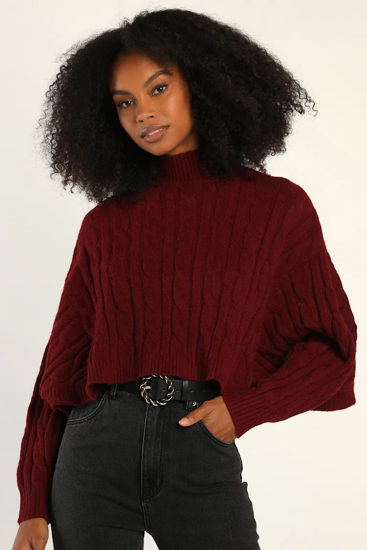 Cropped Cutie Burgundy Cable Knit Cropped Mock Neck Sweater | Lulus (US)