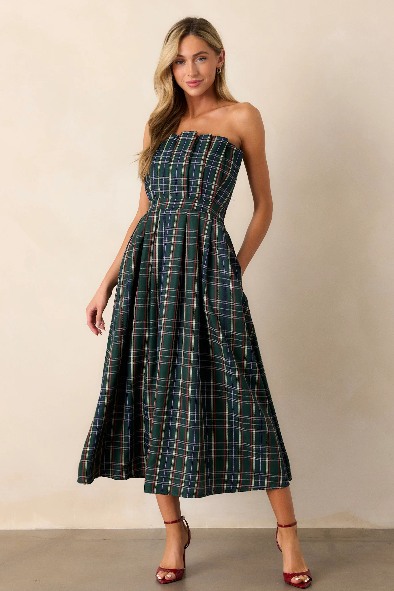 Crystal Dreams Green Plaid Strapless Midi Dress | Red Dress